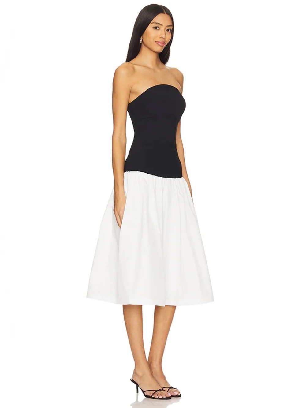Amanda Uprichard Valencia Strapless Drop-Waist Midi Dress Black White